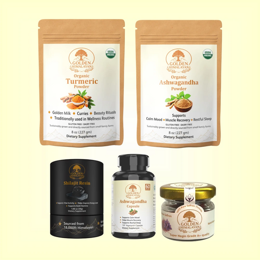 Complete Transformation Pack - Ashwagandha Capsules +  Saffron Threads + Turmeric Powder + Shilajit Resin + Ashwagandha Powder
